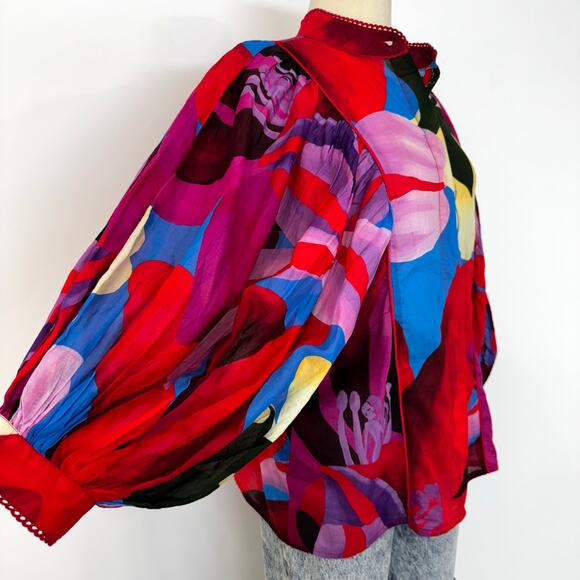 Farm Rio Watercolor Floral 3/4 Balloon Sleeve  Blouse Button-Down Top S - Picture 4 of 10